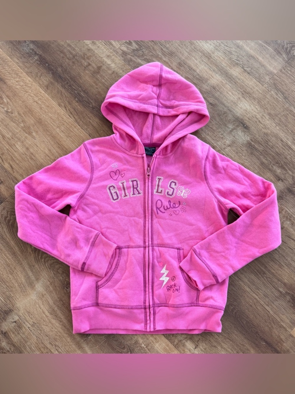 Faded Glory Girls Large 10-12 Pink Zip Hoodie Girls Rule Rock ON Lightning Bolt